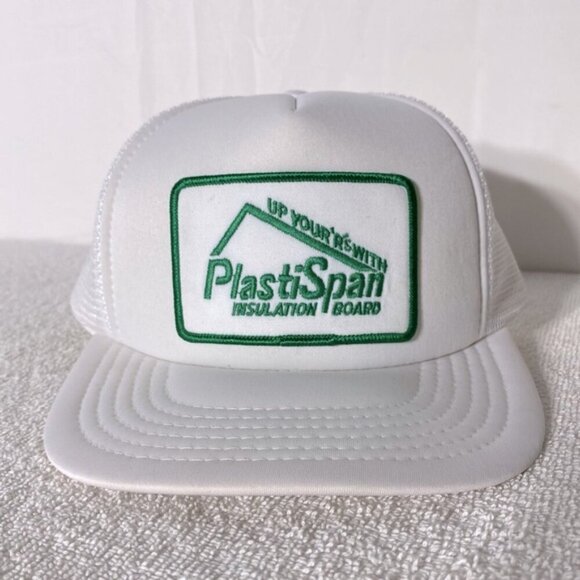 Vintage White Green Embroidered PlastiSpan Mesh Back Snap Back Trucker Hat - Picture 1 of 10